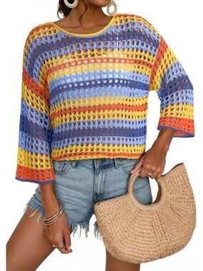 Women's Carrot Sleeve Crochet Sweater Hollow Block  Cover Ups Striped Tops